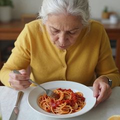 A woman in her late sixties eating a bowl of pasta with tomato sauce at a table