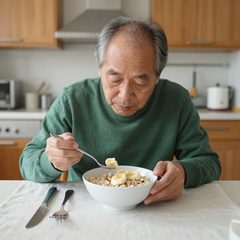 A man in his seventies eating a bowl of oatmeal with sliced banana at a table