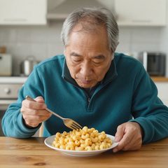A man in his late sixties eating a bowl of macaroni and cheese at a table