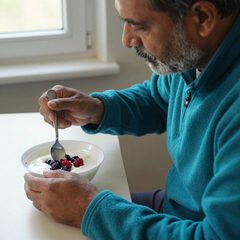 A man in his seventies eating a bowl of yogurt with berries at a table