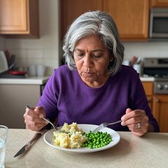 A woman in her late sixties eating a plate of mashed potatoes and peas at a table