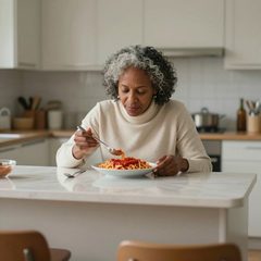 A woman in her late sixties eating a bowl of pasta with tomato sauce at a table