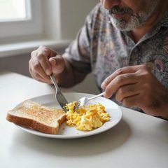 A man in his sixties eating a plate of scrambled eggs and toast at a table
