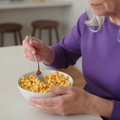 A woman in her seventies eating a bowl of macaroni and cheese at a table