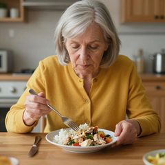 A woman in her sixties eating a rice bowl with chicken and vegetables at a table