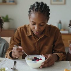 A family of three eating a bowl of yogurt with berries at a table