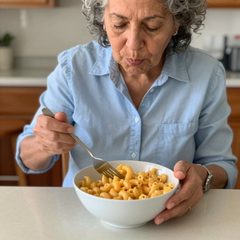 A woman in her seventies eating a bowl of macaroni and cheese at a table