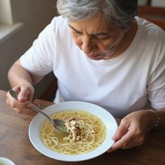 A woman in her seventies eating a bowl of chicken noodle soup at a table
