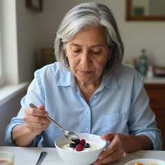 A woman in her seventies eating a bowl of yogurt with berries at a table