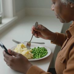 A woman in her seventies eating a plate of mashed potatoes and peas at a table
