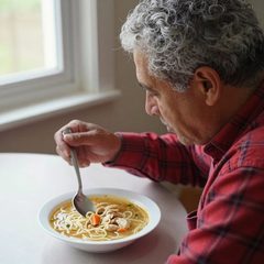 A man in his seventies eating a bowl of chicken noodle soup at a table