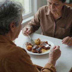 A woman in her eighties eating a plate of roast dinner at a table