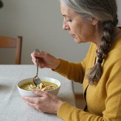 A woman in her sixties eating a bowl of chicken noodle soup at a table