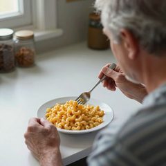 A man in his seventies eating a bowl of macaroni and cheese at a table
