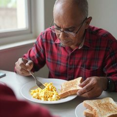 A man in his late sixties eating a plate of scrambled eggs and toast at a table