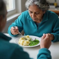 A woman in her late sixties eating a plate of mashed potatoes and peas at a table