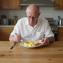 A man in his late sixties eating a plate of scrambled eggs and toast at a table