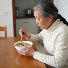 A woman in her late sixties eating a bowl of chicken noodle soup at a table