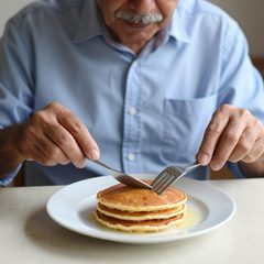 A man in his sixties eating a plate of pancakes at a table