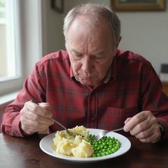 A man in his sixties eating a plate of mashed potatoes and peas at a table