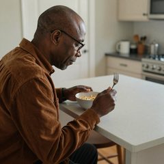 A man in his late sixties eating a bowl of cereal with milk at a table