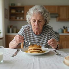 A woman in her late sixties eating a plate of pancakes at a table