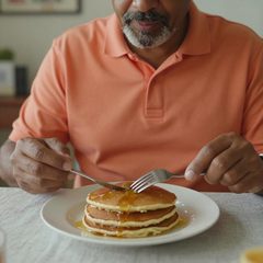 A man in his seventies eating a plate of pancakes at a table