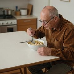 A man in his seventies eating with one hand eating a bowl of chicken noodle soup at a table