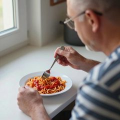 A man in his late sixties eating a bowl of pasta with tomato sauce at a table