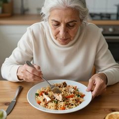 A woman in her late sixties eating a rice bowl with chicken and vegetables at a table