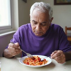 A man in his late sixties eating a bowl of pasta with tomato sauce at a table