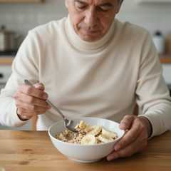 A man in his late sixties eating a bowl of oatmeal with sliced banana at a table