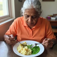 A woman in her late sixties eating a plate of mashed potatoes and peas at a table