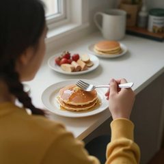 An adult eating lunch alone eating a plate of pancakes at a table
