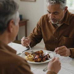 A couple in their forties eating a plate of roast dinner at a table