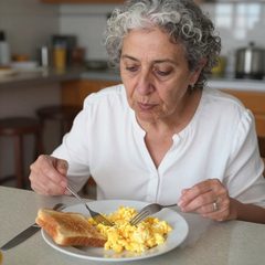 A woman in her seventies eating a plate of scrambled eggs and toast at a table