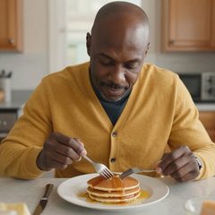 A man about sixty eating a plate of pancakes at a table