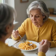 A woman in her seventies eating a bowl of macaroni and cheese at a table