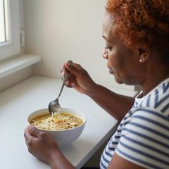A woman in her late sixties eating a bowl of chicken noodle soup at a table