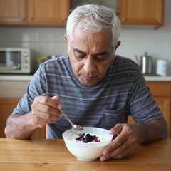 A man in his late sixties eating a bowl of yogurt with berries at a table