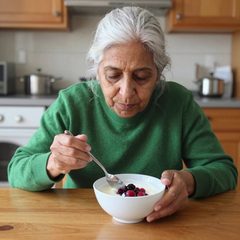 A woman in her seventies eating a bowl of yogurt with berries at a table