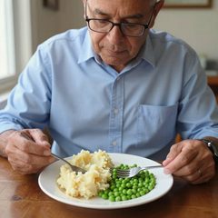 A man in his seventies eating a plate of mashed potatoes and peas at a table
